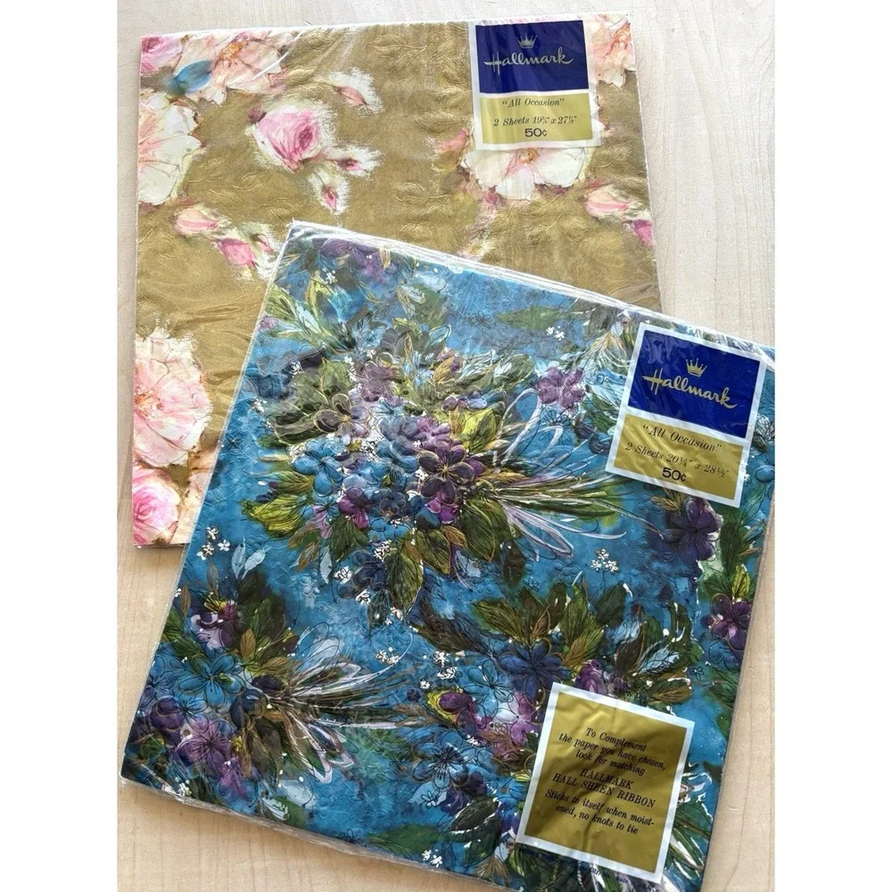 Hallmark Giftwrap Wrapping Paper NIP Vtg Embossed Flower Rose Violet Gold Accent